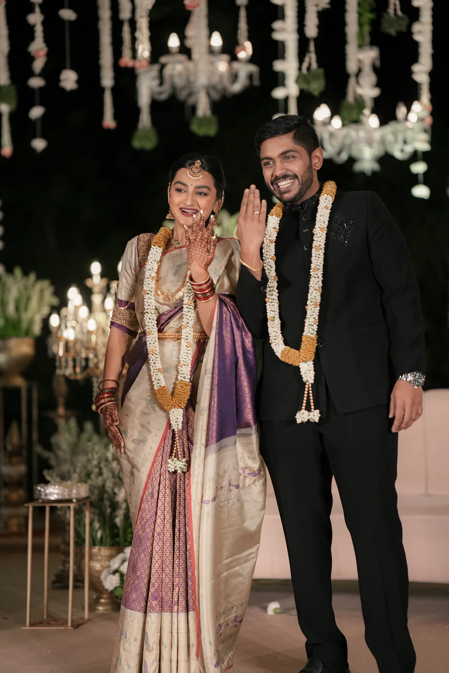 Newly married couple at an evening celebration